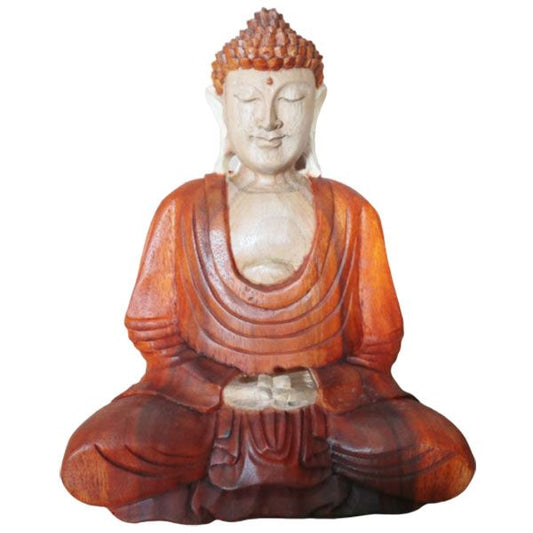 Intricately hand-carved Suar wood Buddha statue standing 30cm tall with a natural wood finish and hand down gesture.