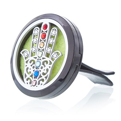 Stainless steel 30mm car vent clip diffuser featuring a decorative Hamsa hand design and a reusable felt pad.