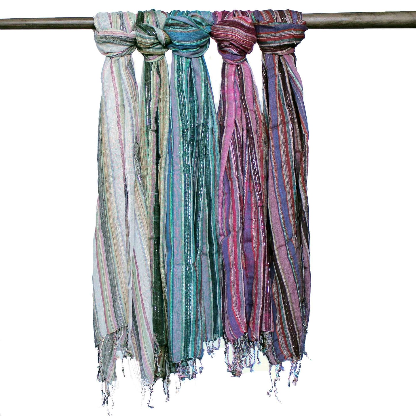 Vibrant bohemian style scarf with intricate gold thread weaving and colourful patterns.