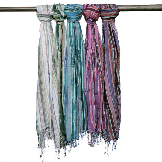 Vibrant bohemian style scarf with intricate gold thread weaving and colourful patterns.