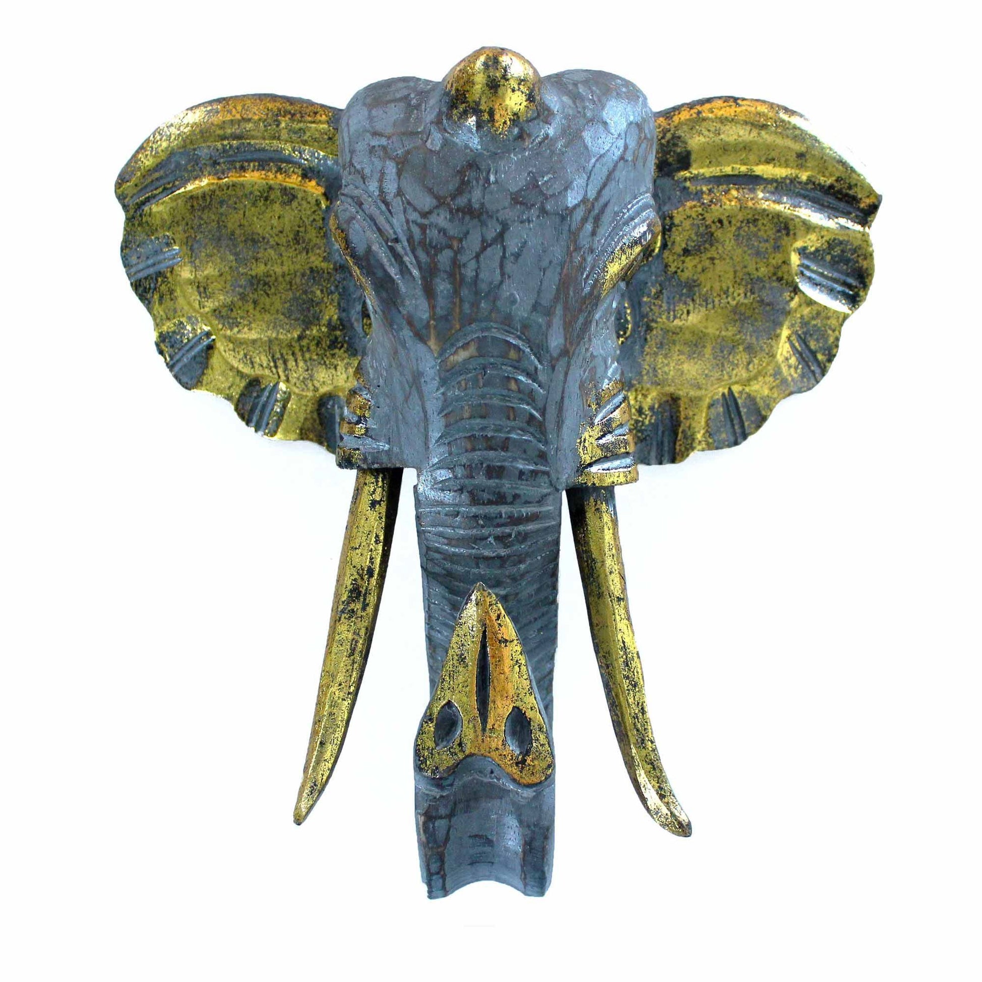 Intricately carved wooden elephant head wall hanging featuring a sophisticated gold and grey hand-painted finish.