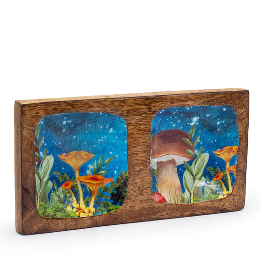 Rectangular teal enamelled double trinket tray featuring a detailed white and gold mushroom and botanical design.