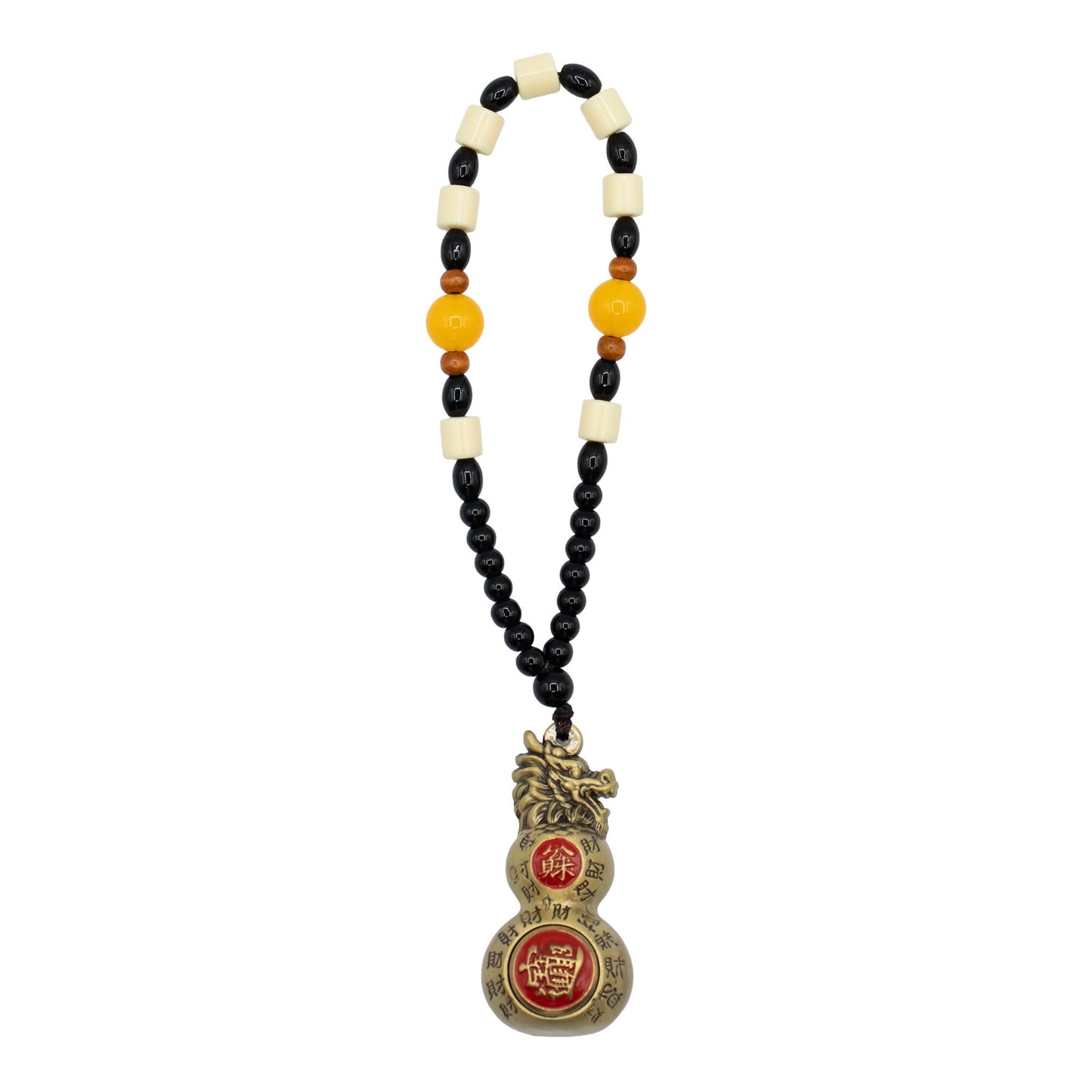 Traditional brass-coloured double gourd Wu Lou hanging ornament with a decorative dragon head top and red tassel.