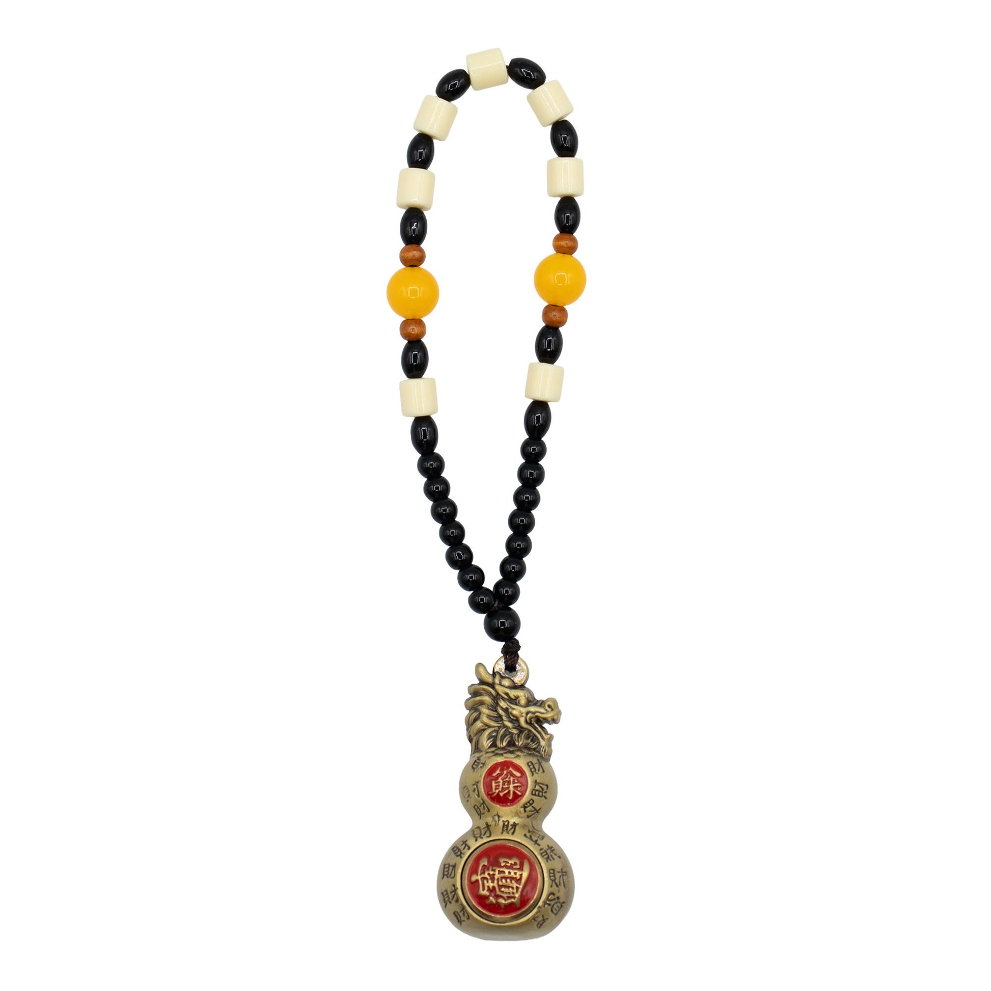 Traditional brass-coloured double gourd Wu Lou hanging ornament with a decorative dragon head top and red tassel.