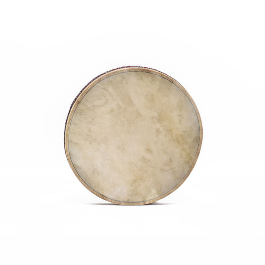 Handcrafted 30cm frame drum with goatskin head and decorative patterned frame, designed to create soothing ocean wave sounds.