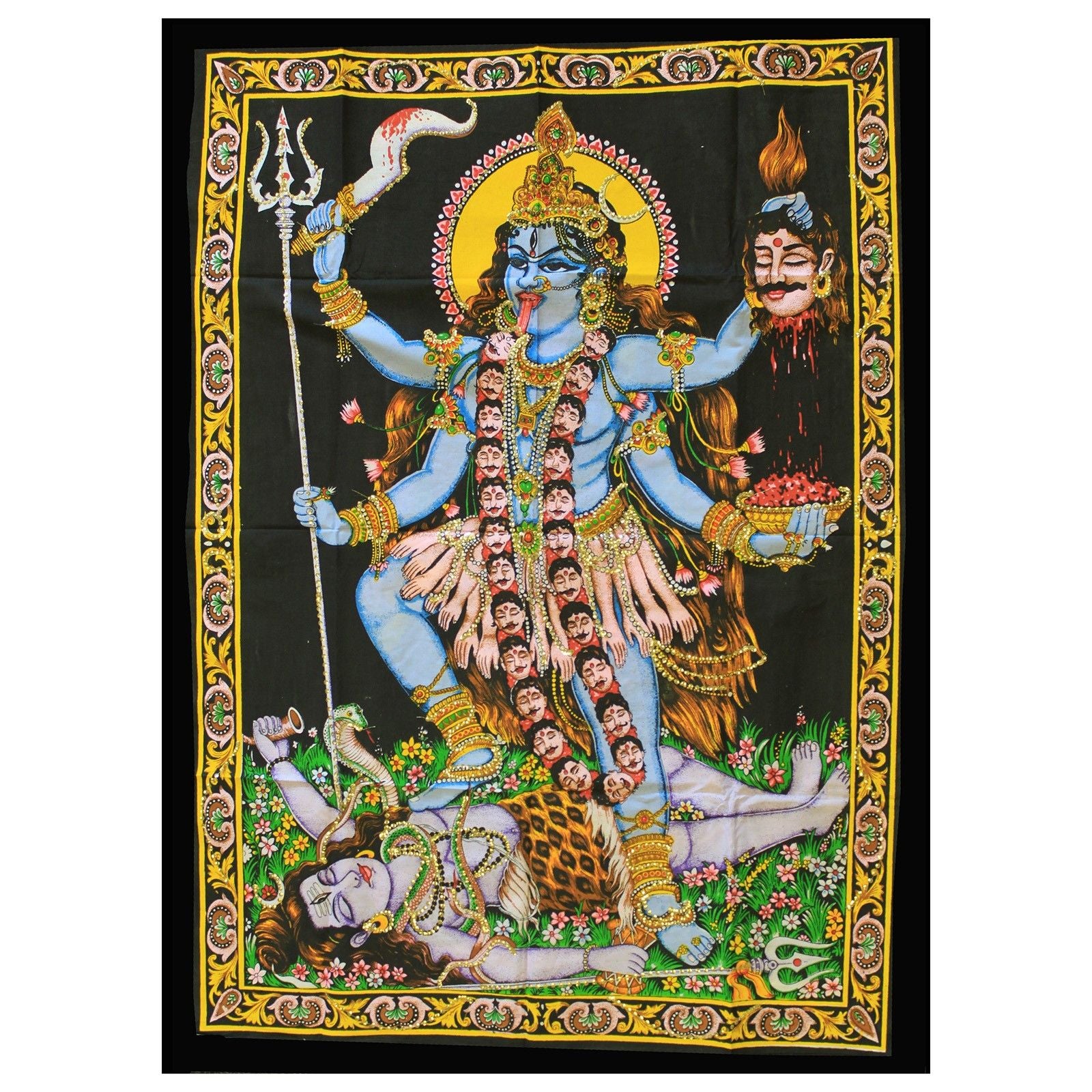 Vibrant Indian wall art print depicting the goddess Kali in a traditional spiritual style.