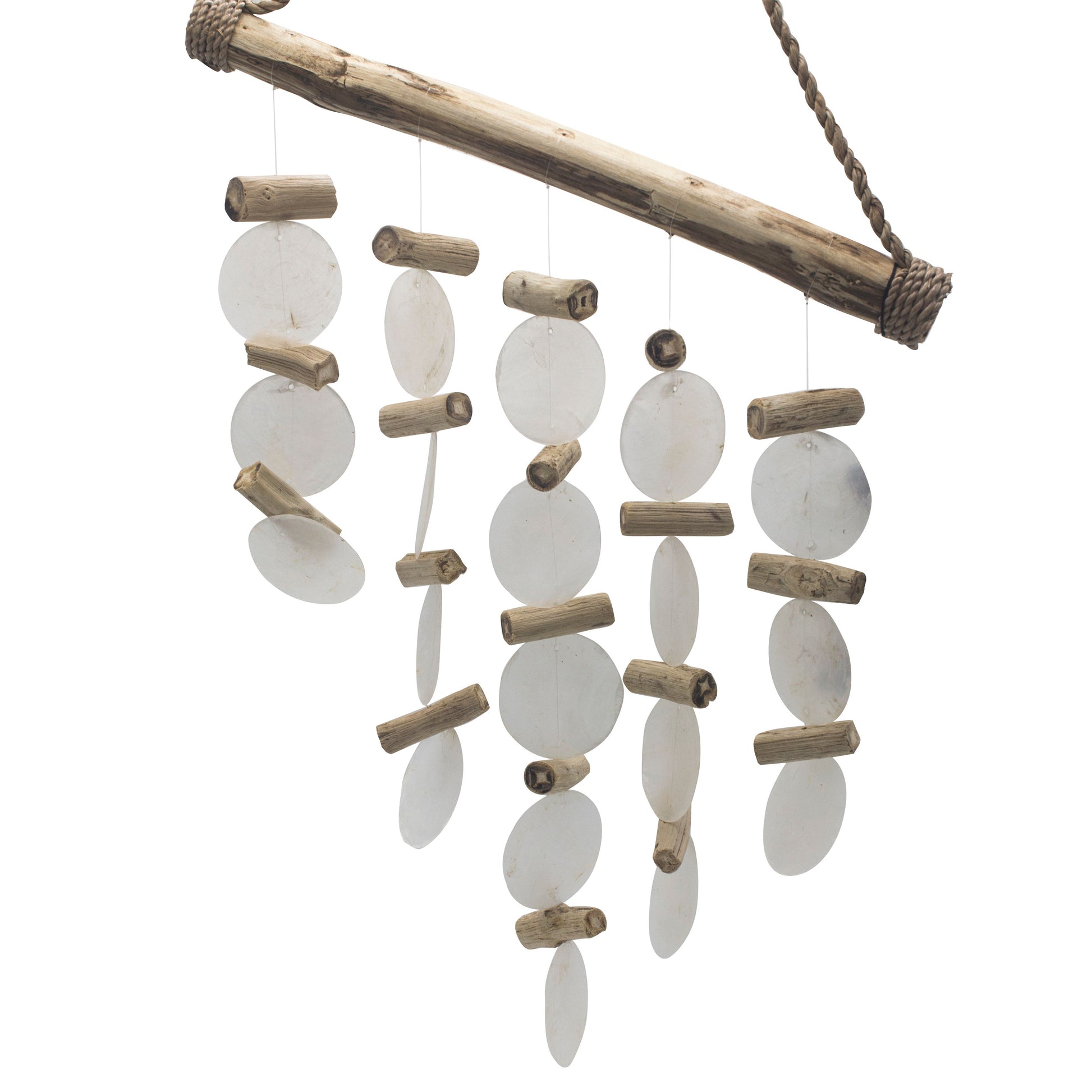 Handcrafted wind chime made from natural driftwood and shimmering white iridescent Capiz shells.