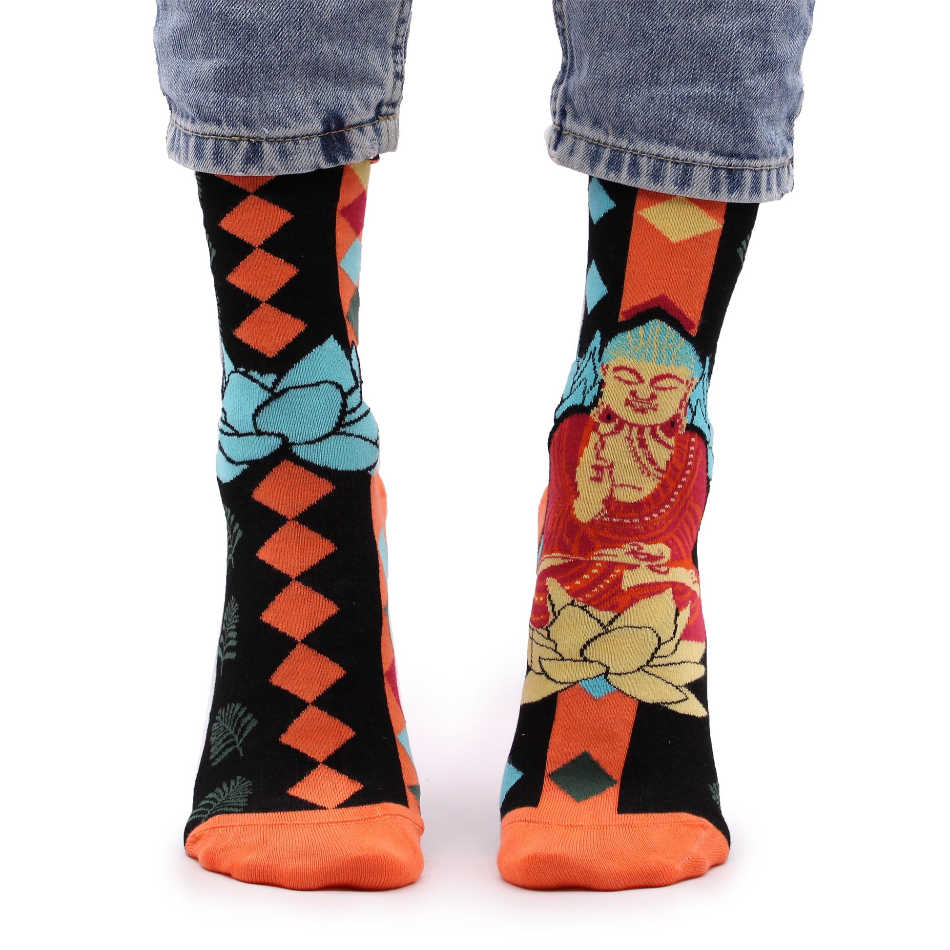 Blue bamboo socks featuring a serene Buddha and lotus flower pattern in a comfortable small to medium fit.