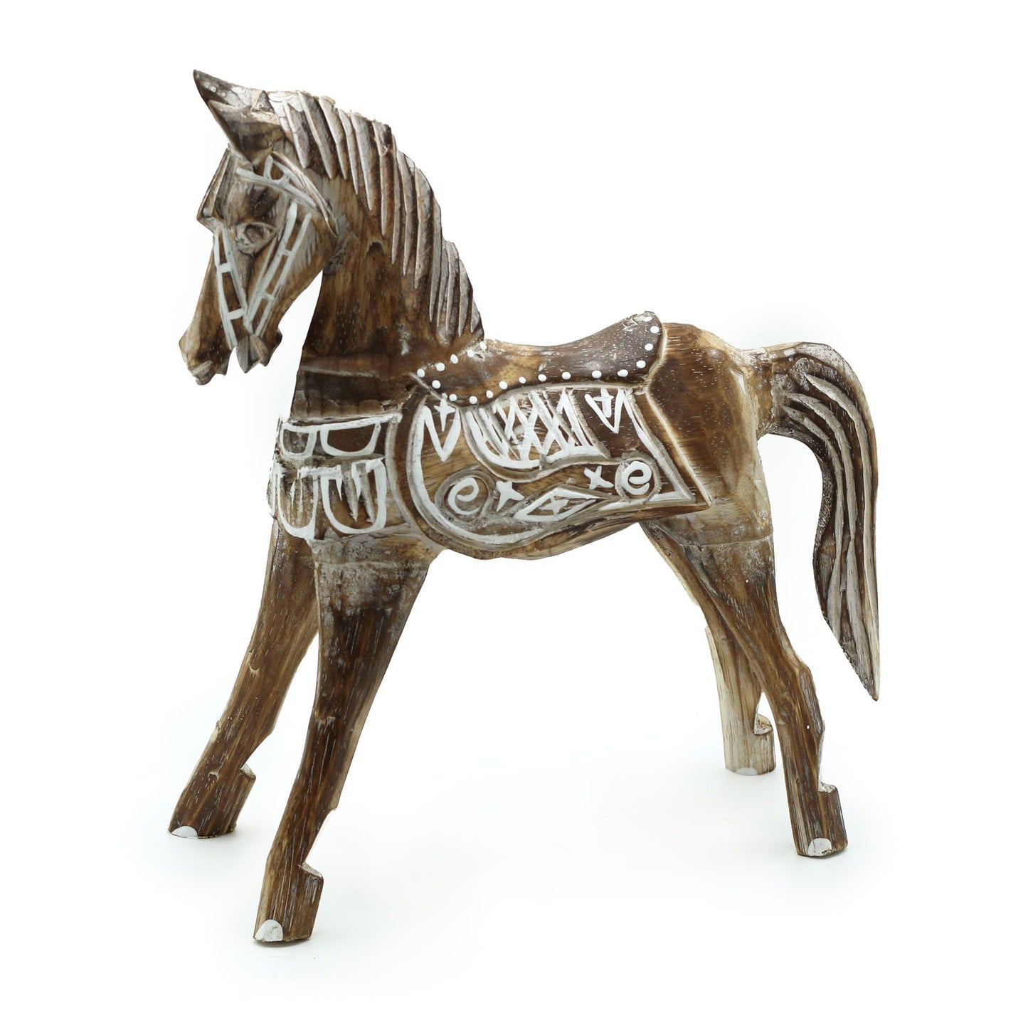 Large hand-carved albasia wood horse figure with intricate decorative carvings and a distressed antique finish.