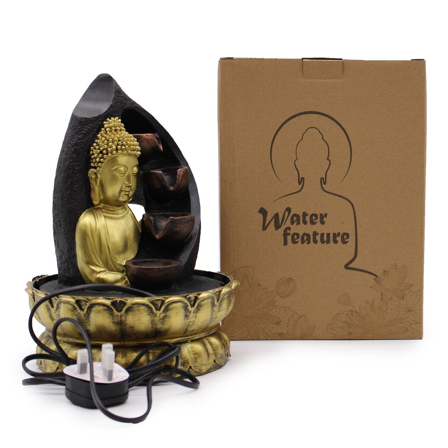Serene golden Buddha statue seated beside stacked pouring pots in a compact tabletop indoor water fountain.