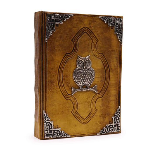 Large coffee tan leather notebook featuring a decorative metal owl on the cover with vintage-style deckle-edged pages.
