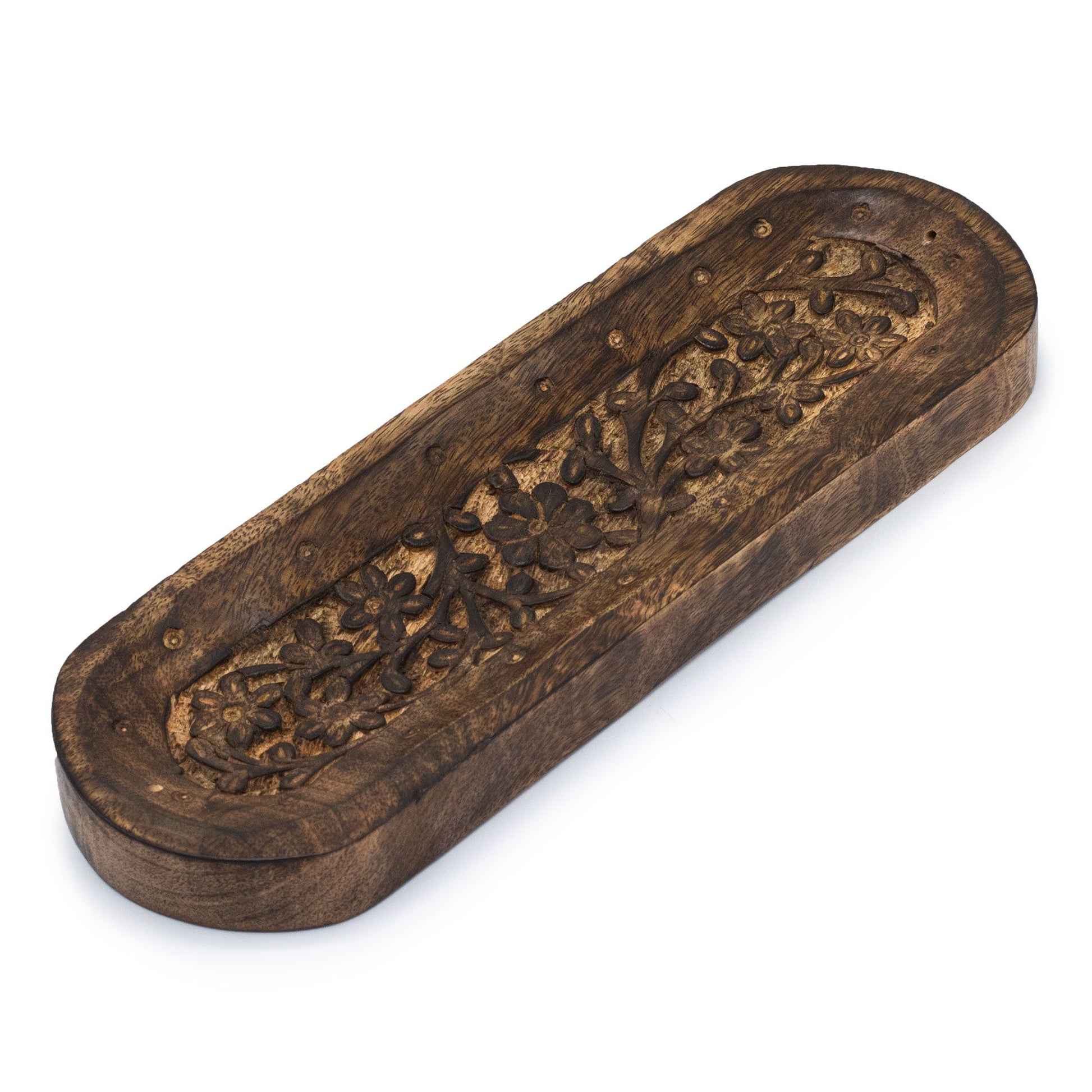 Large rectangular wooden incense tray with an intricate carved flower design and a central groove for incense sticks.