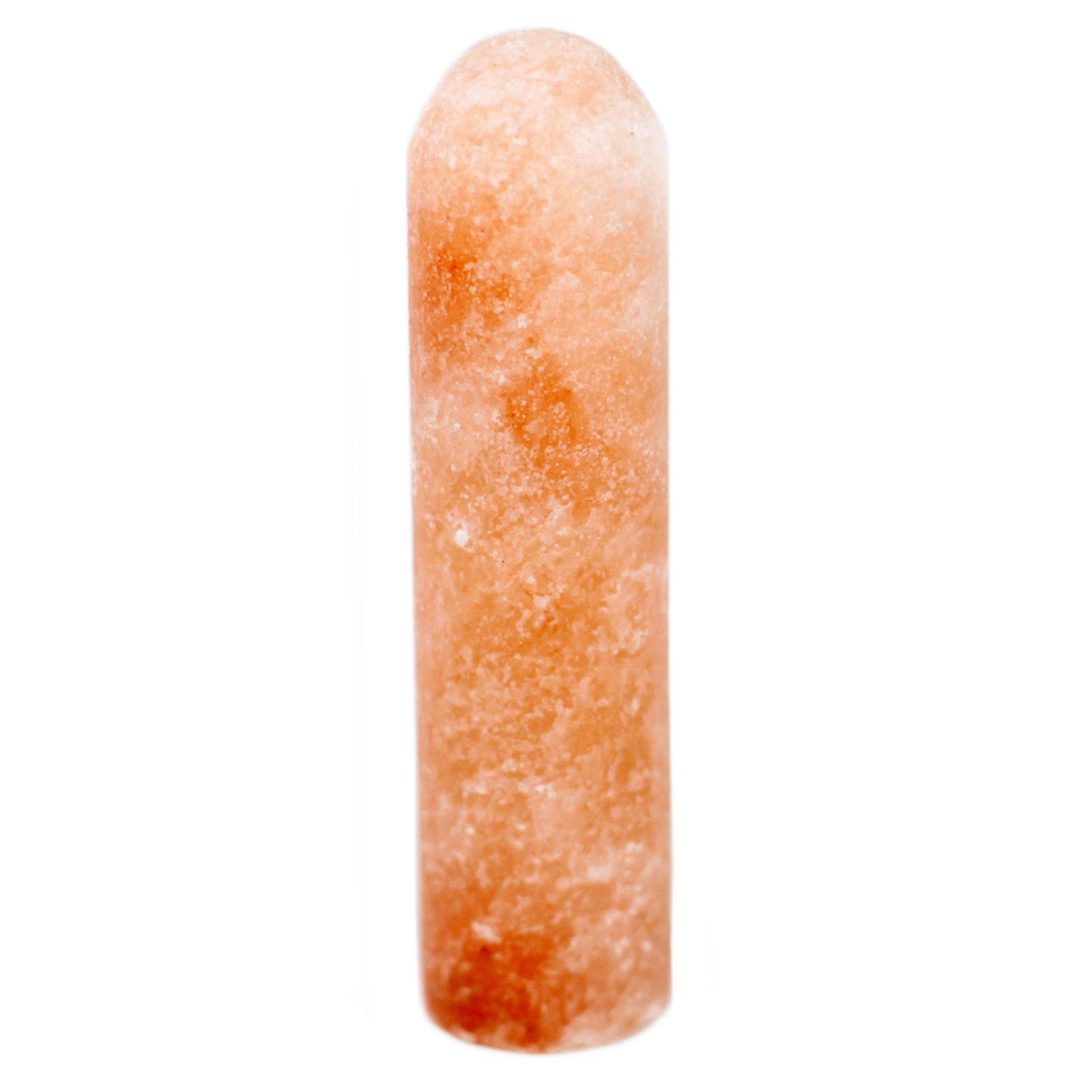 Hand-carved smooth cylindrical Himalayan pink salt deodorant stone stick on a neutral background.