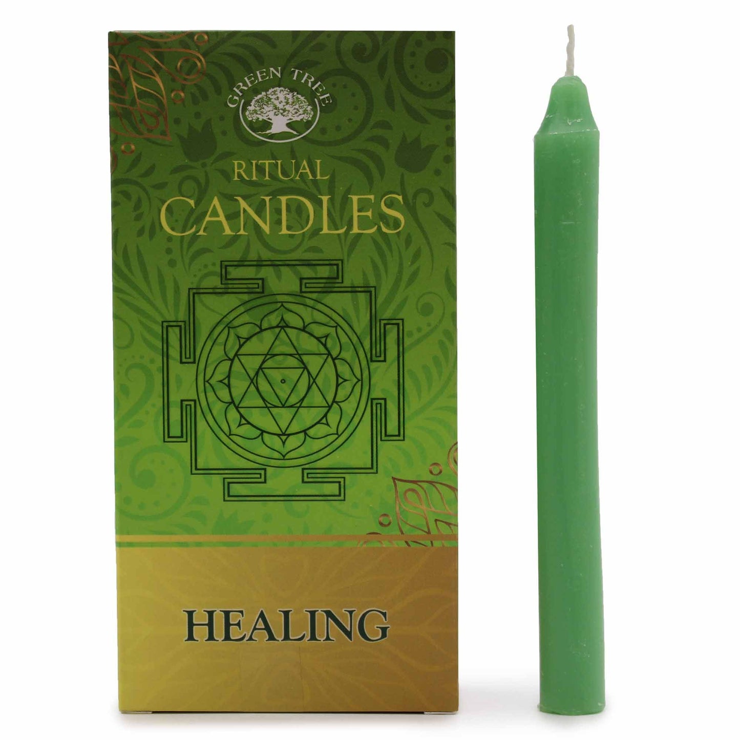 A bundle of ten slim green chime candles used for manifestation and spiritual healing rituals.