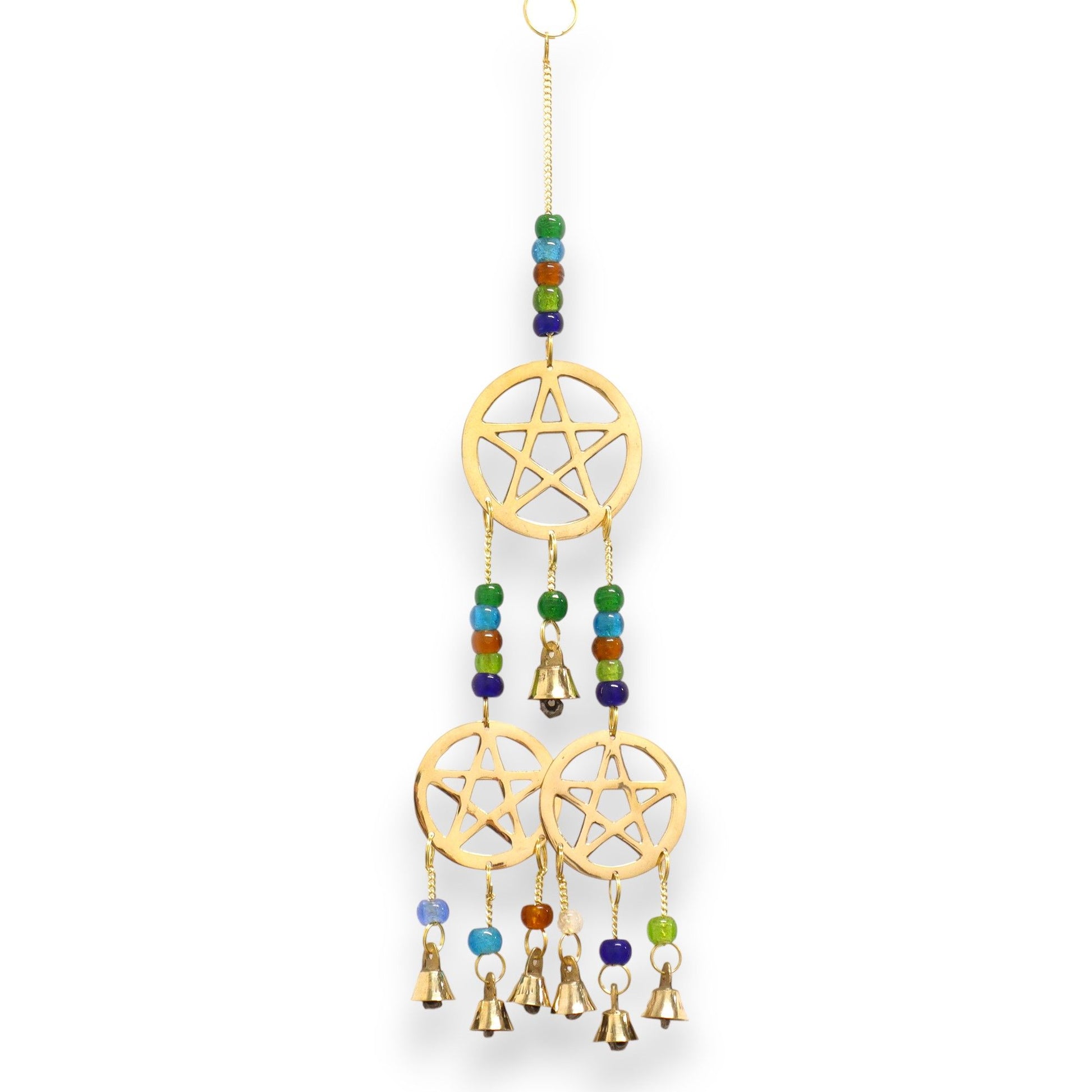 Ornate brass wind chime featuring three interlocking pentagram motifs and seven small hanging bells.