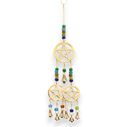 Ornate brass wind chime featuring three interlocking pentagram motifs and seven small hanging bells.