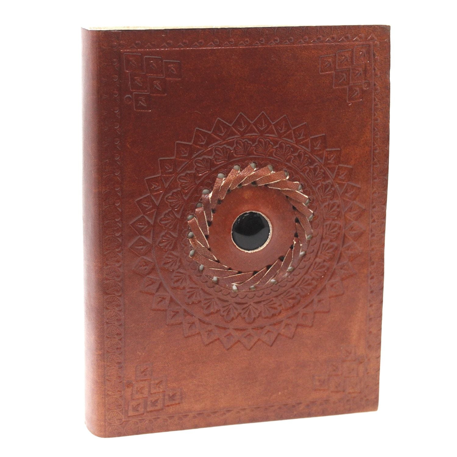 Handcrafted black leather notebook with vintage metal clasps, buckles, and a unique textured onyx-style cover.