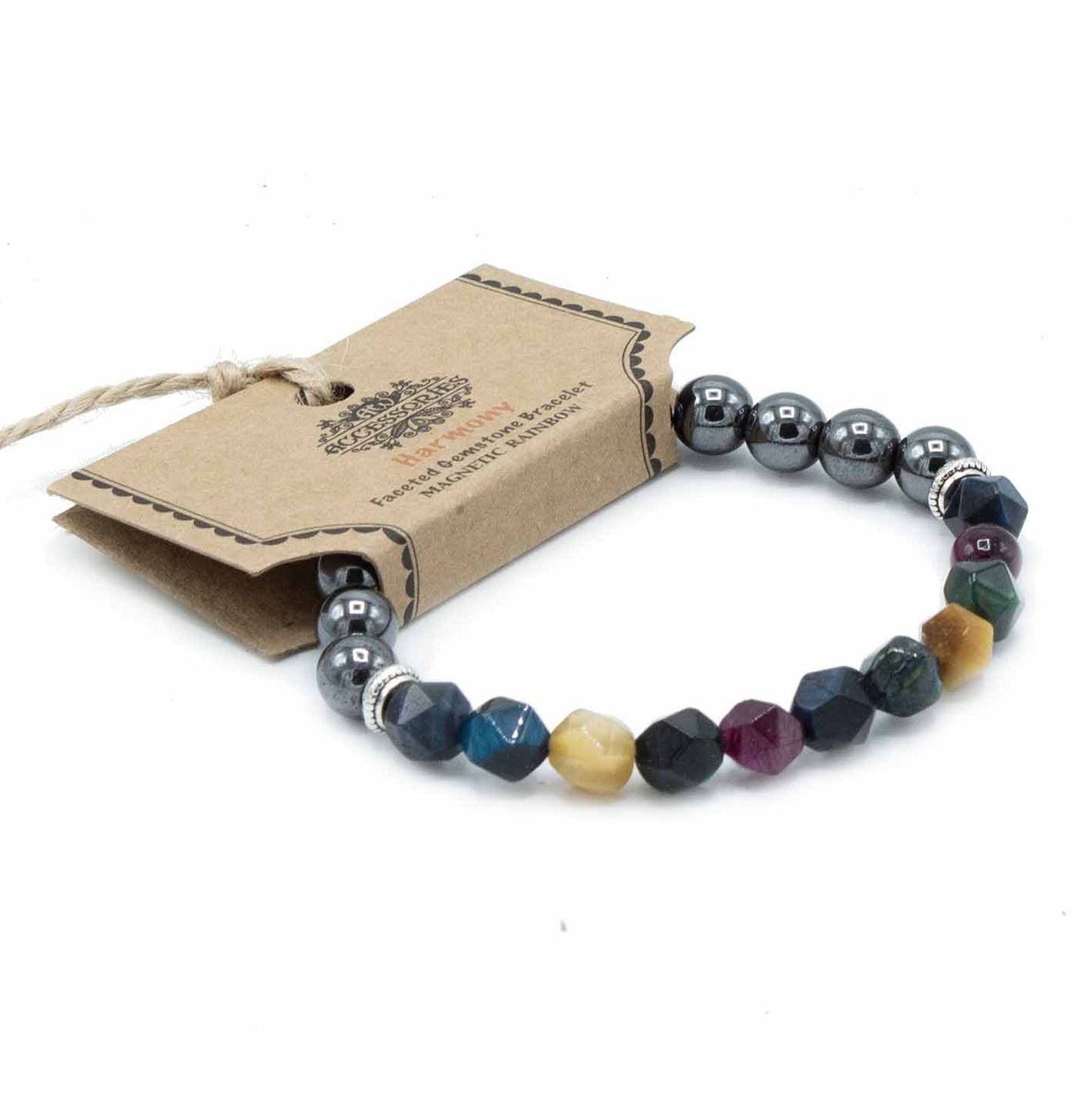 Sparkling faceted gemstone bracelet featuring a vibrant magnetic rainbow of small polished beads.