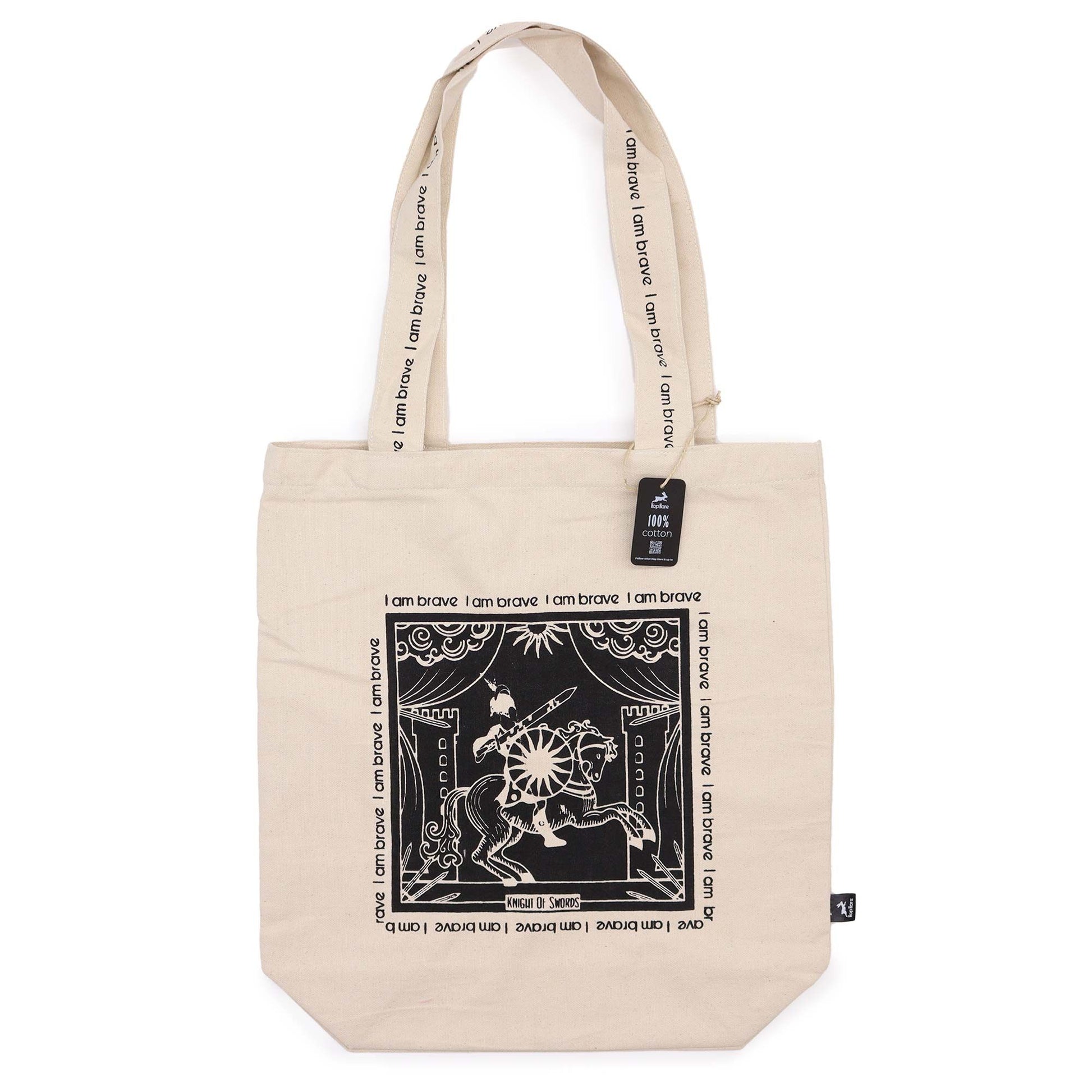 Cream cotton canvas tote bag featuring a mystical tarot-inspired design with the empowering affirmation I Am Brave.