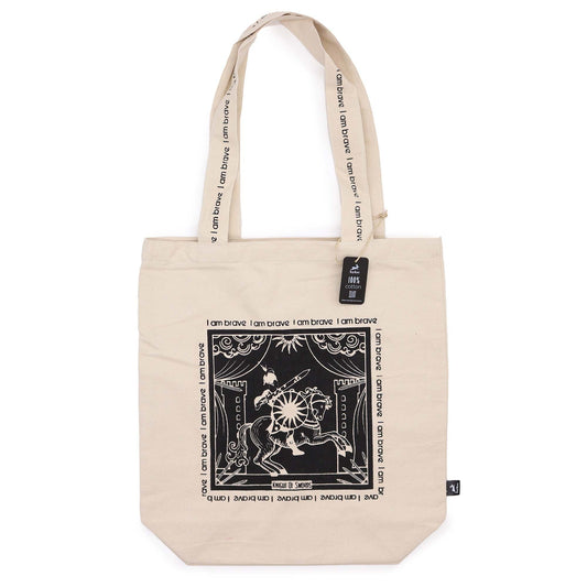 Cream cotton canvas tote bag featuring a mystical tarot-inspired design with the empowering affirmation I Am Brave.