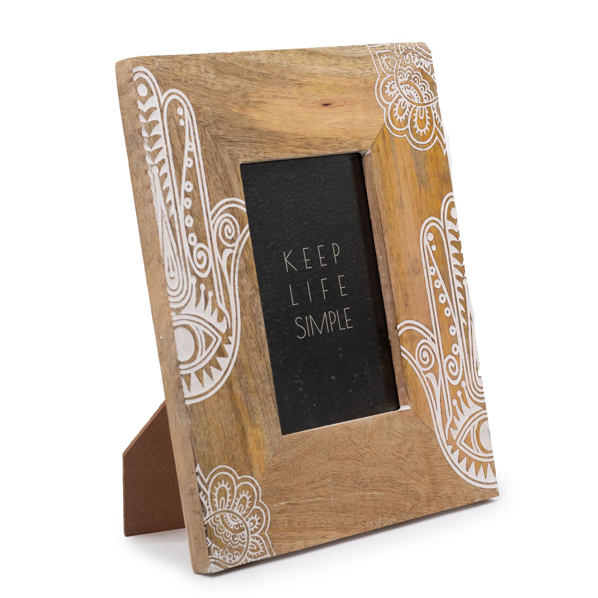 Medium hand-carved mango wood picture frame in a distressed white finish with intricate floral patterns.