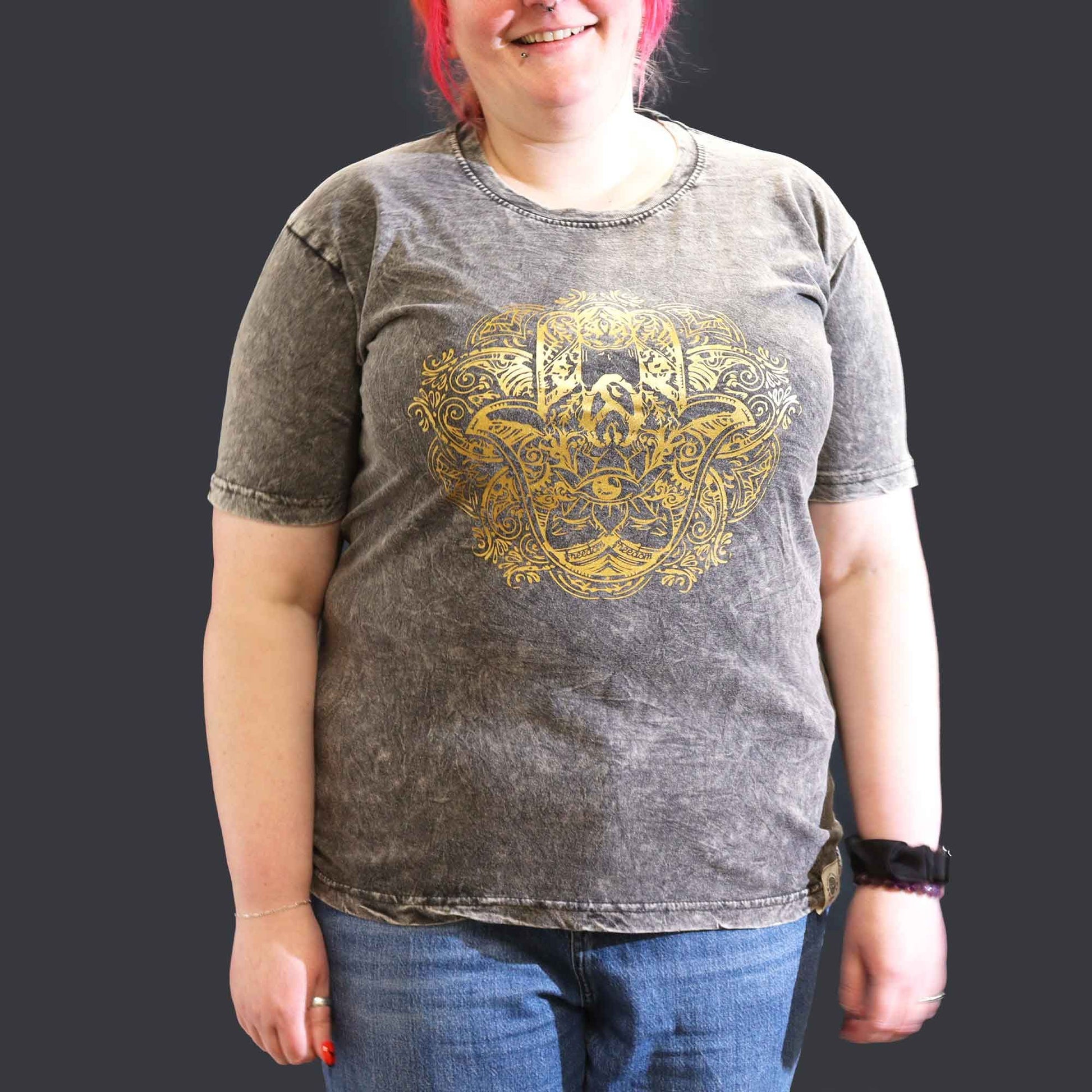 XLarge dark grey stonewashed t-shirt featuring a large white Hamsa hand symbol on the front.