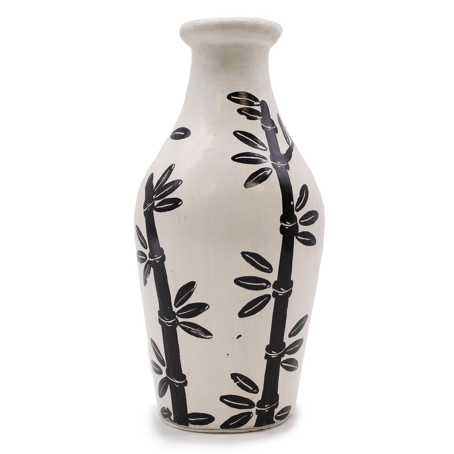 Handmade natural terracotta vase featuring an intricate bamboo motif pattern with a textured finish.
