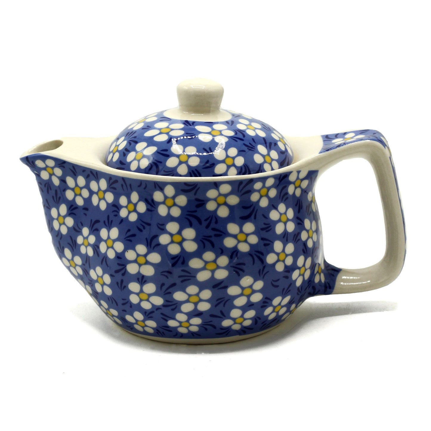 Small ceramic teapot with a blue daisy floral pattern and a classic rounded shape for individual herbal tea service.