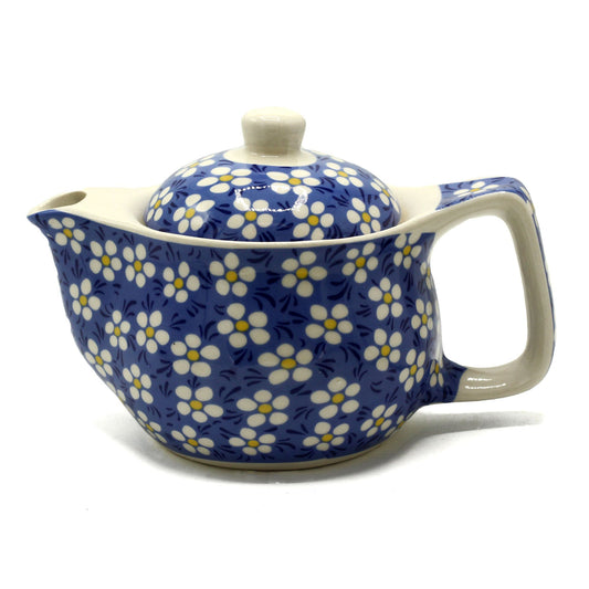 Small ceramic teapot with a blue daisy floral pattern and a classic rounded shape for individual herbal tea service.