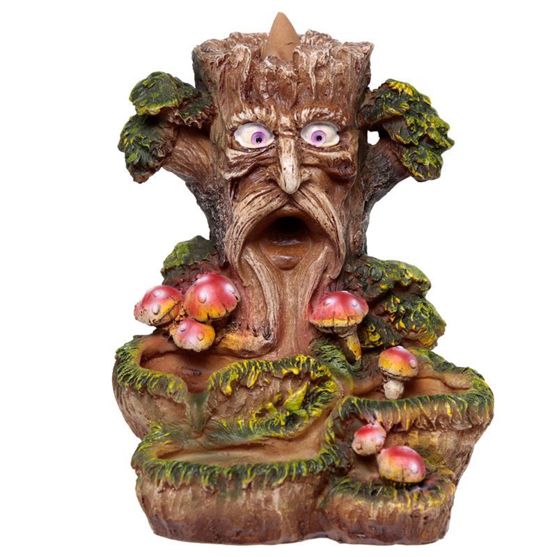 Detailed resin backflow incense burner shaped like a mystical tree with a cascading smoke effect path.