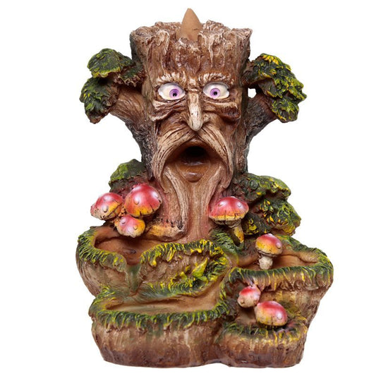 Detailed resin backflow incense burner shaped like a mystical tree with a cascading smoke effect path.