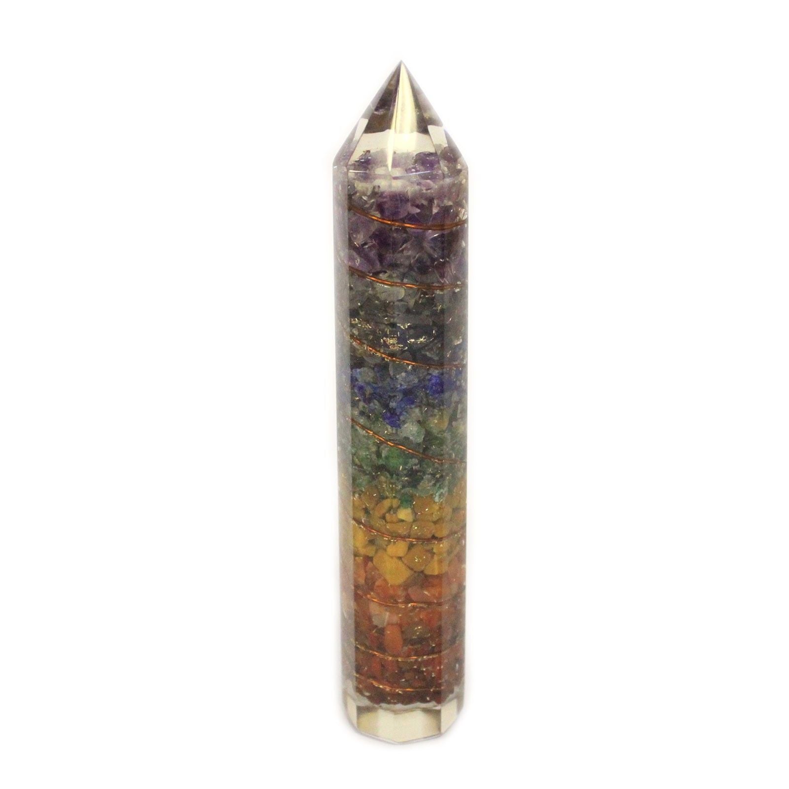 Handcrafted 15cm orgonite power wand featuring copper coils and vibrant mixed gemchips suspended in clear resin.
