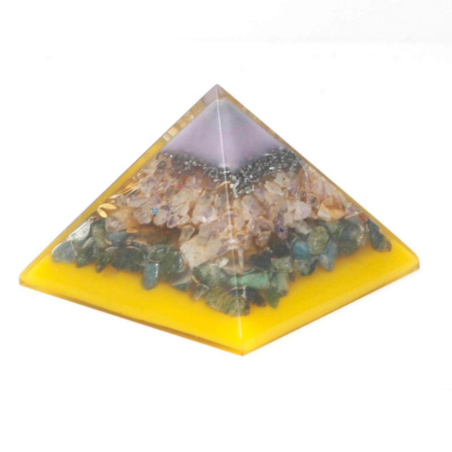 Large 70mm clear resin orgonite pyramid with a gold-coloured tree of life design inside and a shimmering gold base.