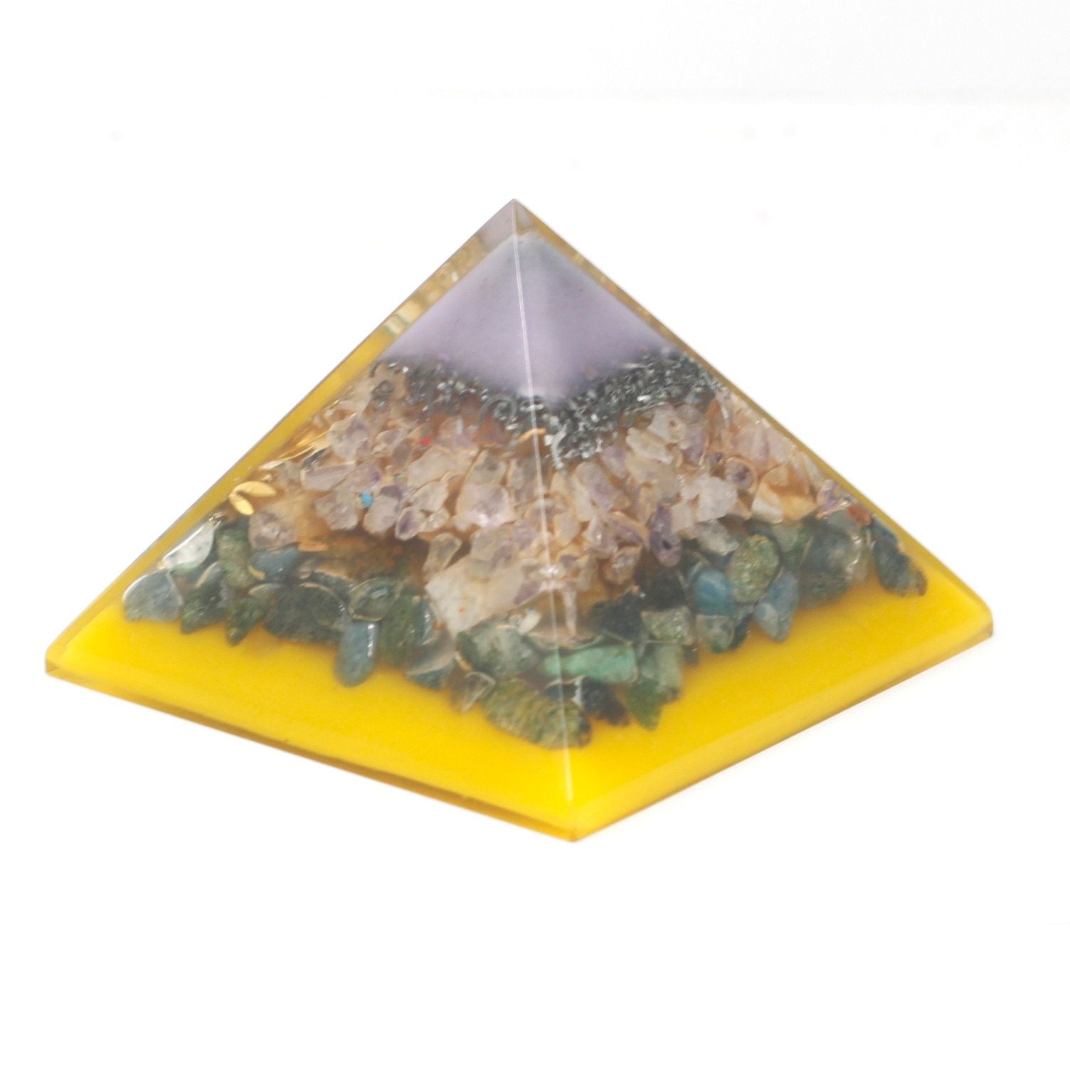 Large 70mm clear resin orgonite pyramid with a gold-coloured tree of life design inside and a shimmering gold base.