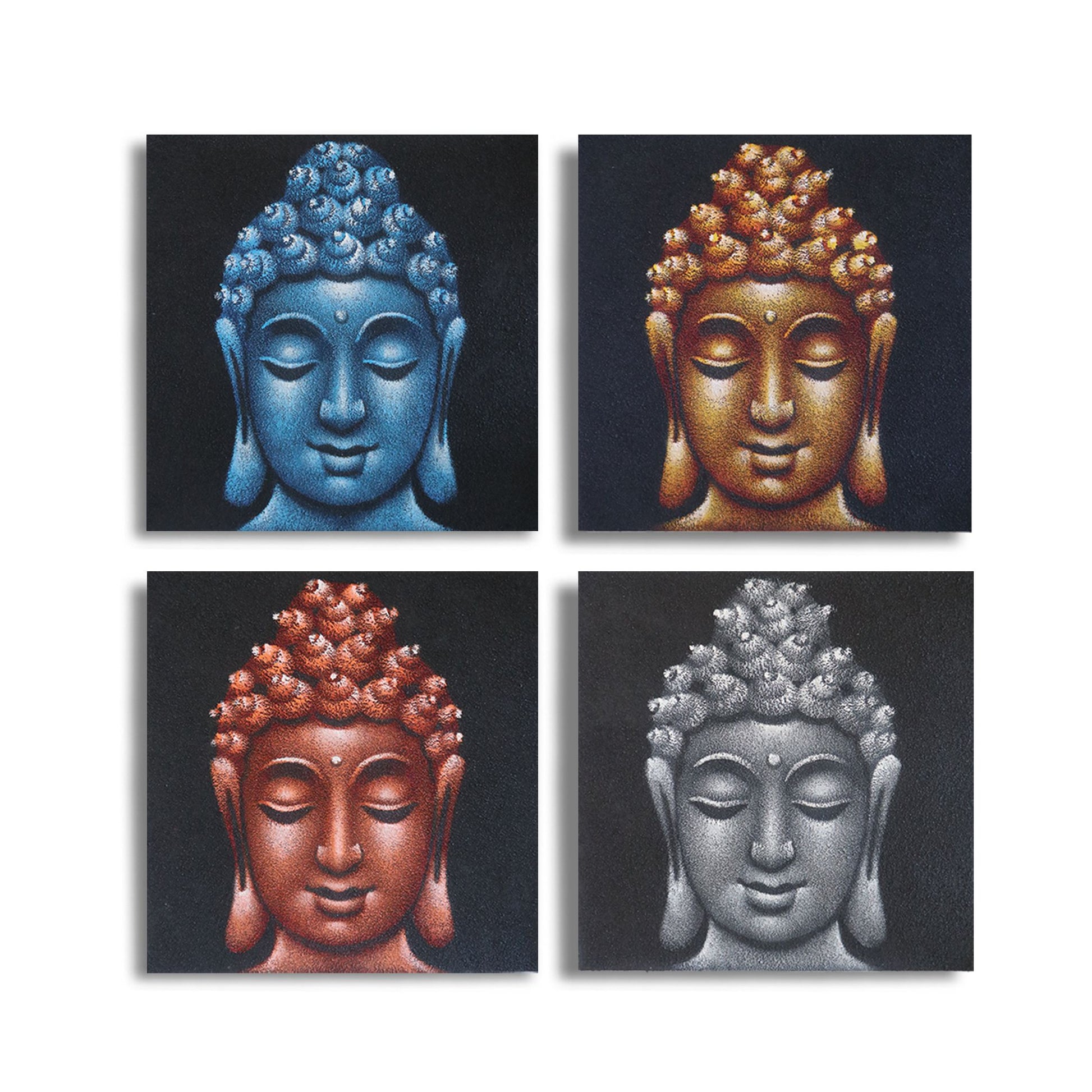 A set of four square Buddha head paintings with textured sand detailing in neutral tones.