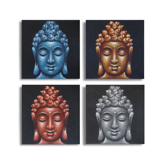 A set of four square Buddha head paintings with textured sand detailing in neutral tones.