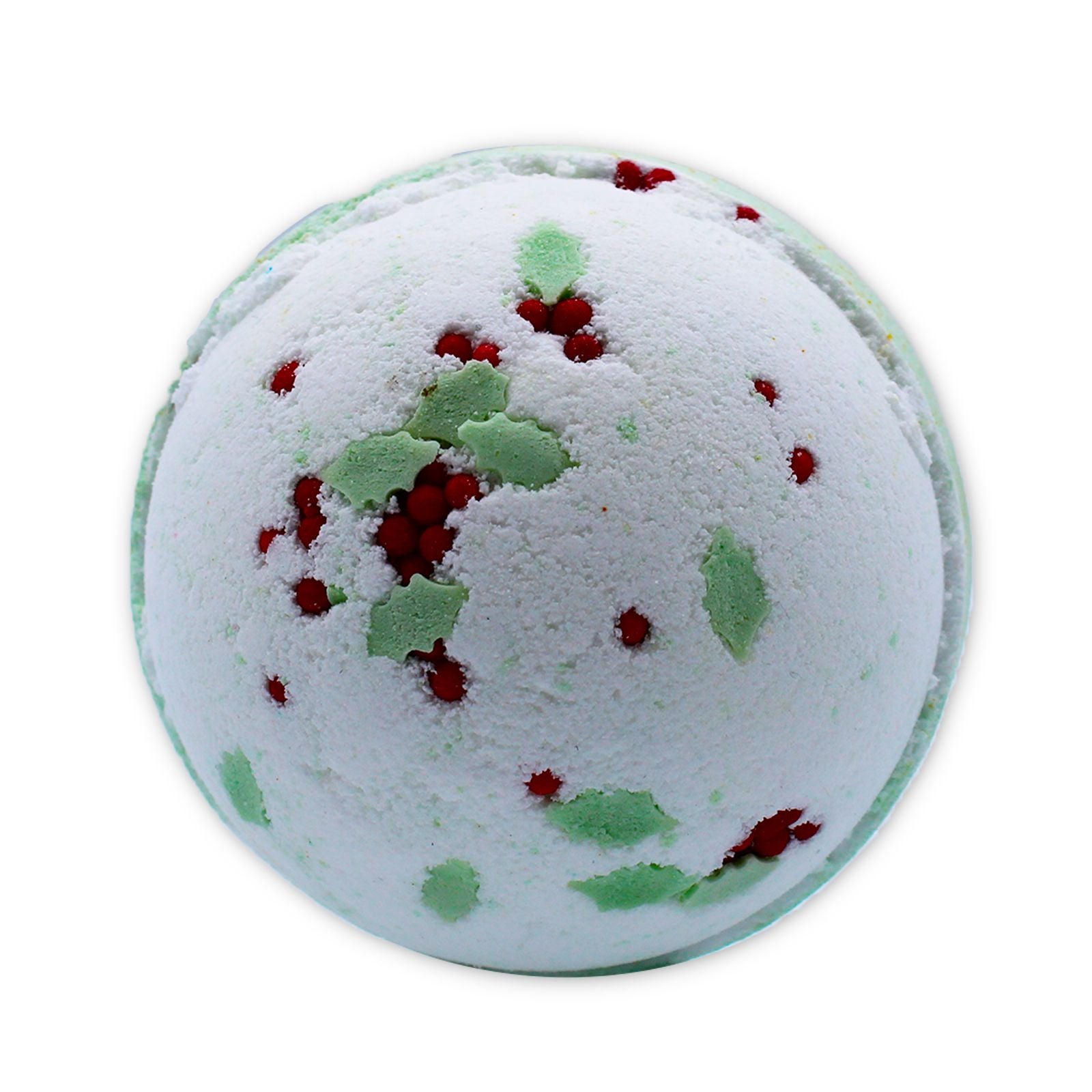 Festive round bath bomb decorated with holly berry and mistletoe patterns on a white background.