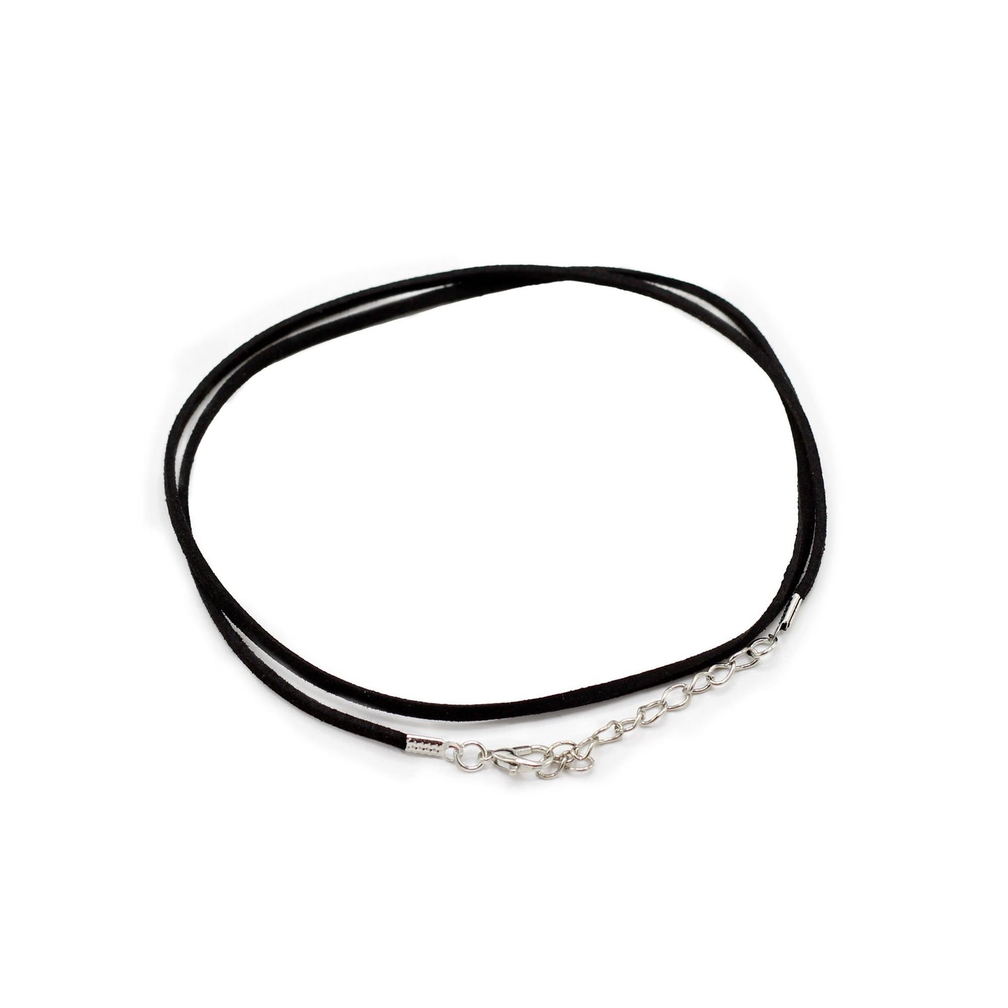 Close-up of a 2.5mm thick black faux leather pendant cord featuring a secure silver metal lobster clasp.