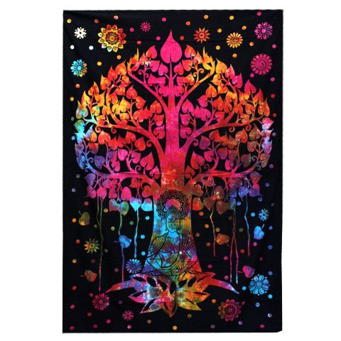 Large double cotton bedspread featuring a detailed Bodhi Tree design, suitable for use as a decorative wall hanging.