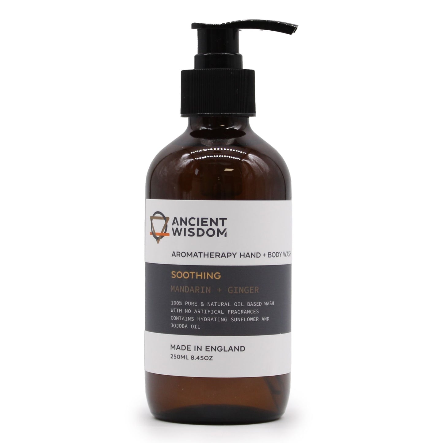 A 250ml bottle of luxury hand and body wash with a minimalist label featuring mandarin and ginger botanicals.
