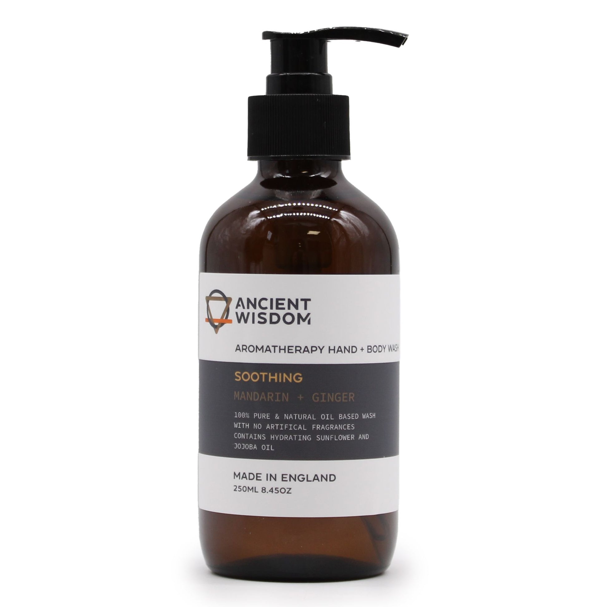 A 250ml bottle of luxury hand and body wash with a minimalist label featuring mandarin and ginger botanicals.