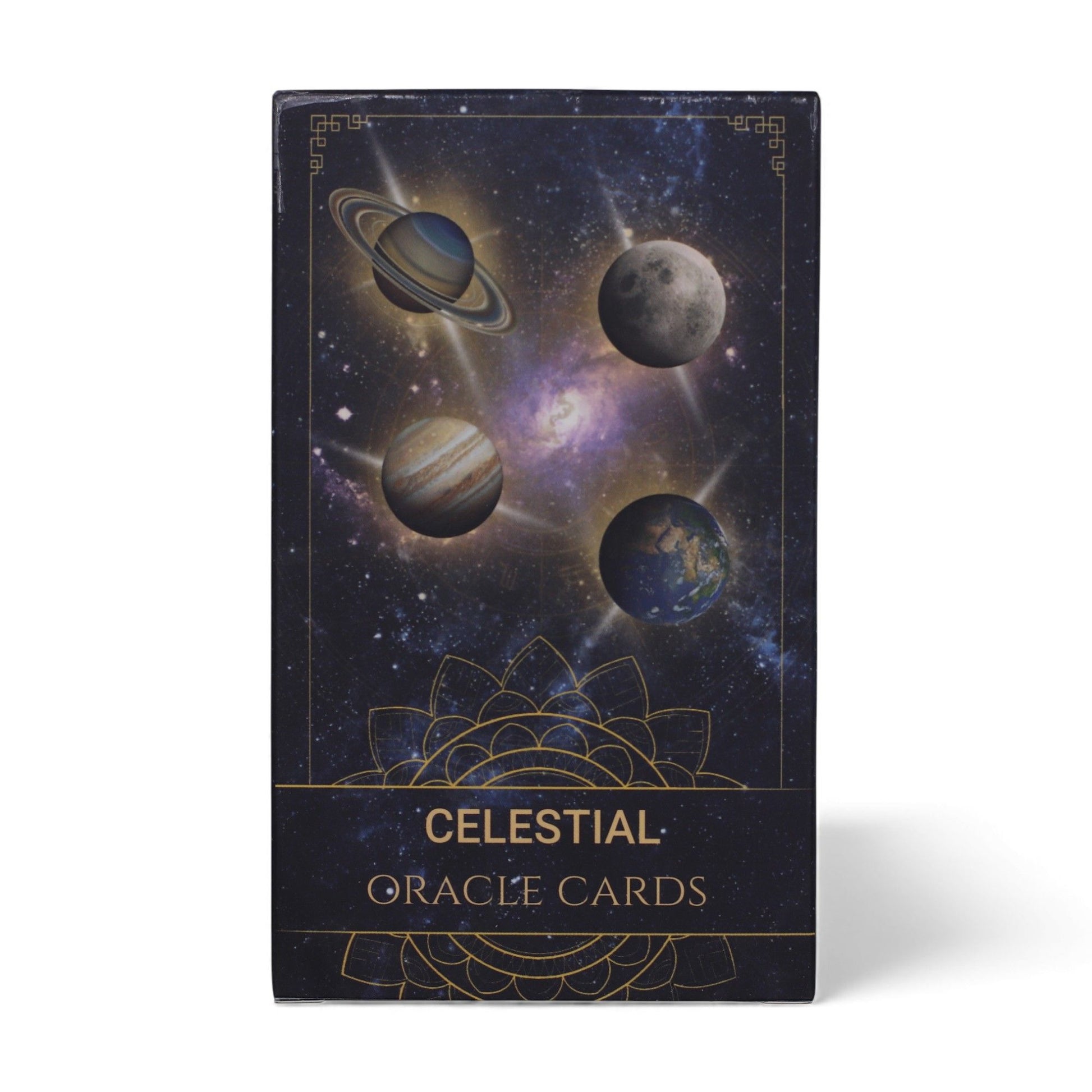 Celestial Energy Atlas oracle deck featuring cosmic illustrations of planets, constellations, and mystical star signs.