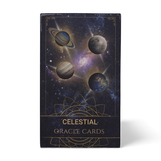 Celestial Energy Atlas oracle deck featuring cosmic illustrations of planets, constellations, and mystical star signs.