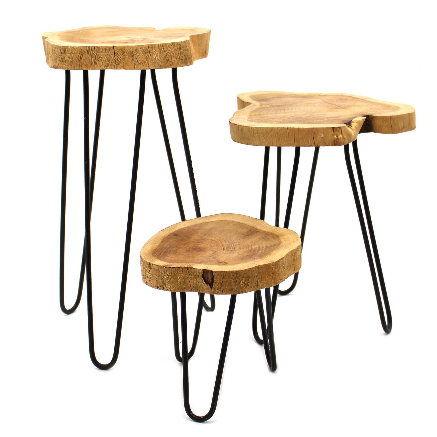 Three tiered natural wood plant stands with black metal hairpin legs displaying a rustic and modern aesthetic.