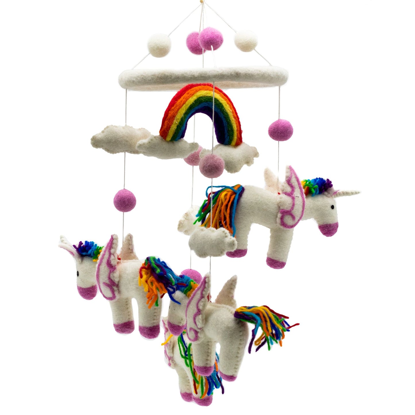 Whimsical handmade felt nursery mobile featuring colourful unicorns and rainbows hanging from a wooden hoop.