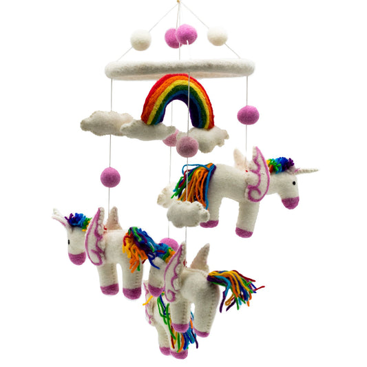 Whimsical handmade felt nursery mobile featuring colourful unicorns and rainbows hanging from a wooden hoop.