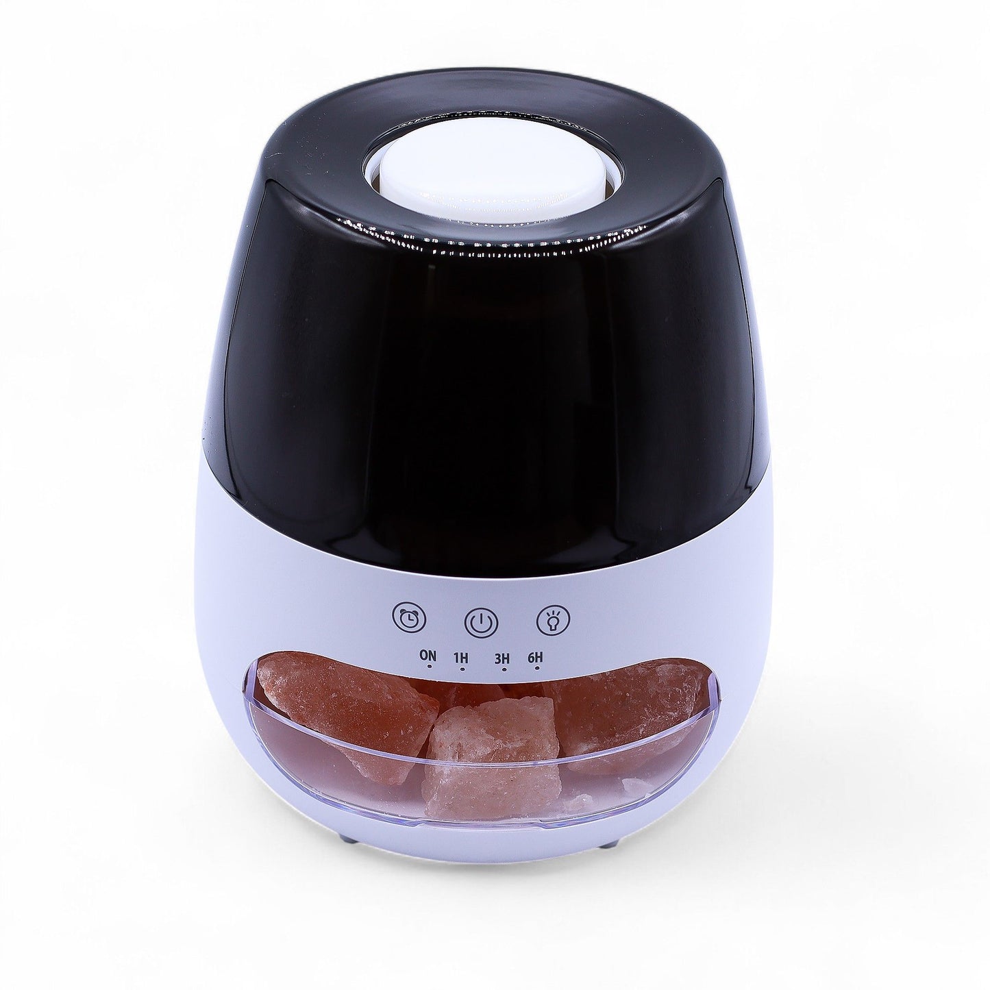 White salt stone aroma diffuser with a realistic warm flame effect mist and minimalist design.