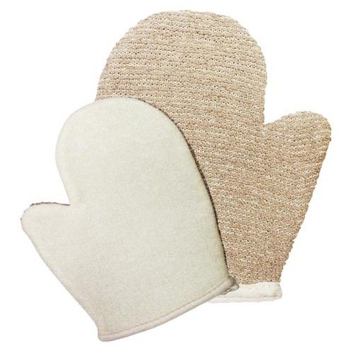 Textured brown jute mix exfoliating bath mitt for skincare and massage.