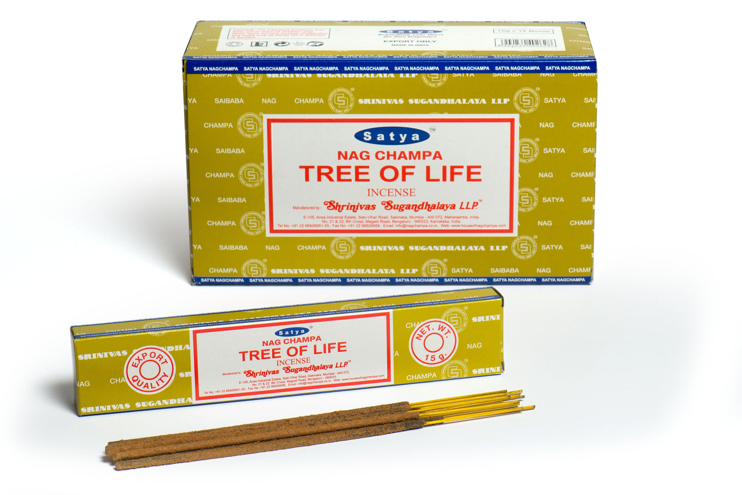 A 15 gram pack of hand-rolled incense sticks featuring a decorative tree of life design on the blue and cream box.
