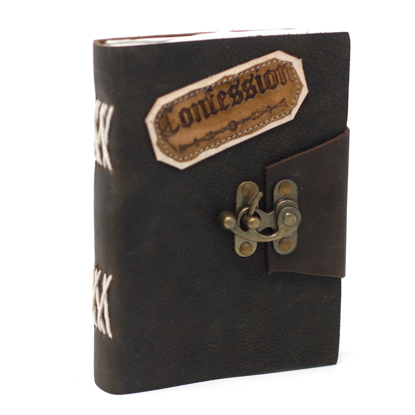 Handcrafted black leather journal with a vintage metal lock, decorative buckles, and rustic burnt edges.